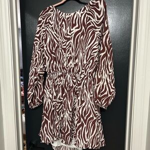 Dress with cut out in back. Slight puff sleeve. Zebra print.